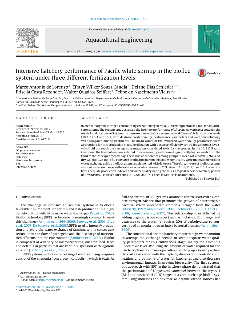 Intensive hatchery performance of Pacific white shrimp in the biofloc system under three different fertilization levels