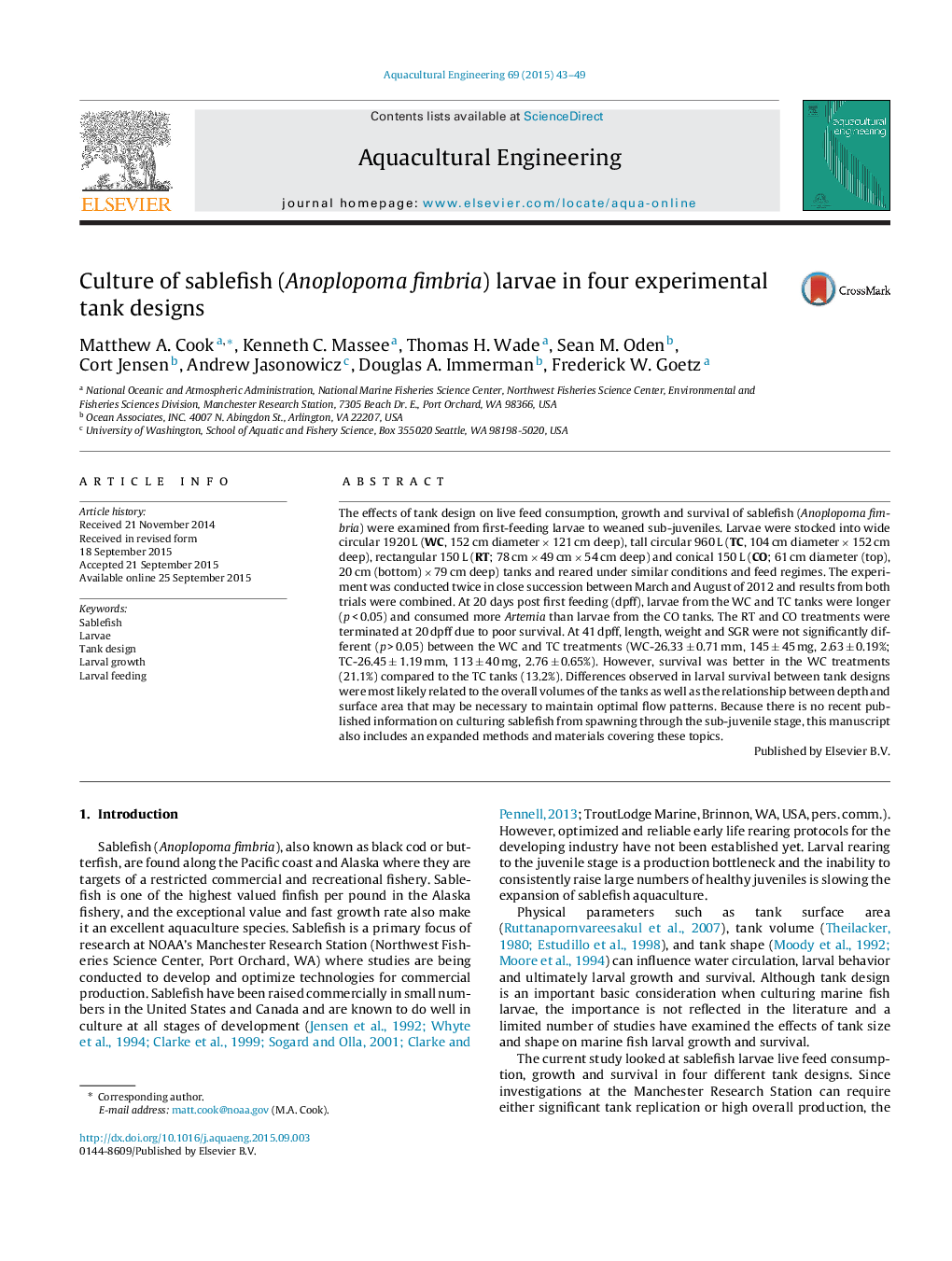 Culture of sablefish (Anoplopoma fimbria) larvae in four experimental tank designs