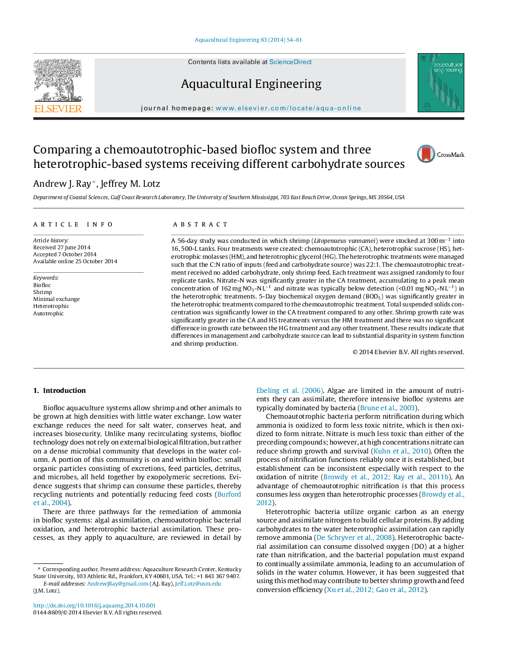 Comparing a chemoautotrophic-based biofloc system and three heterotrophic-based systems receiving different carbohydrate sources