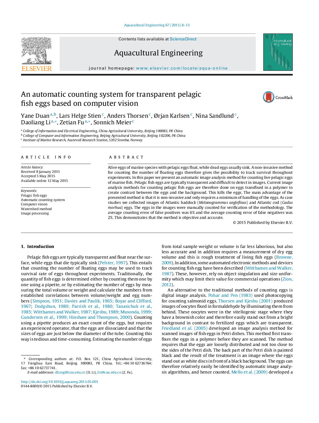 An automatic counting system for transparent pelagic fish eggs based on computer vision