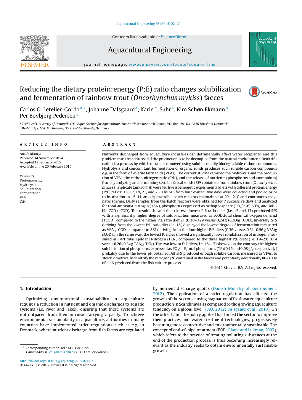 Reducing the dietary protein:energy (P:E) ratio changes solubilization and fermentation of rainbow trout (Oncorhynchus mykiss) faeces