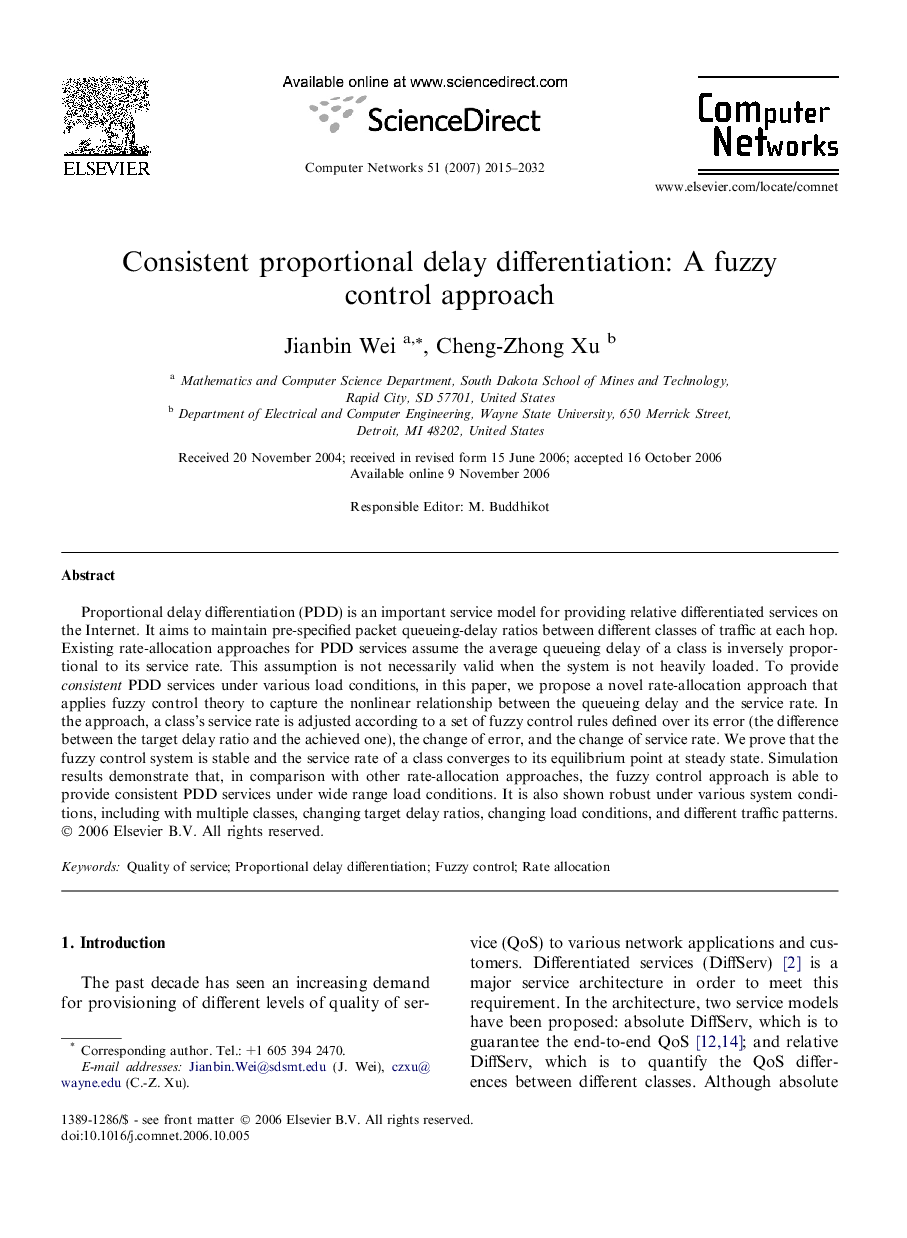 Consistent proportional delay differentiation: A fuzzy control approach