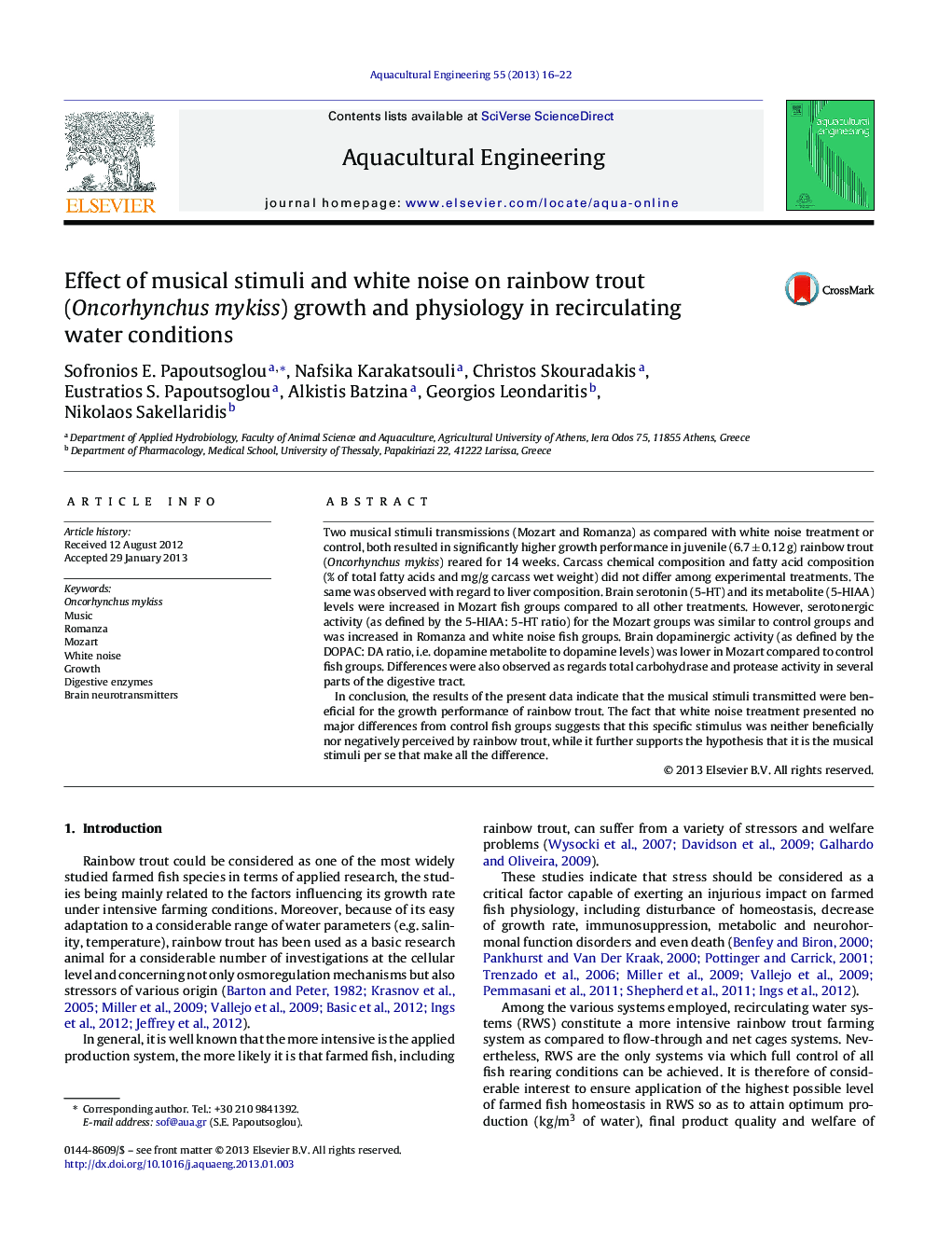 Effect of musical stimuli and white noise on rainbow trout (Oncorhynchus mykiss) growth and physiology in recirculating water conditions