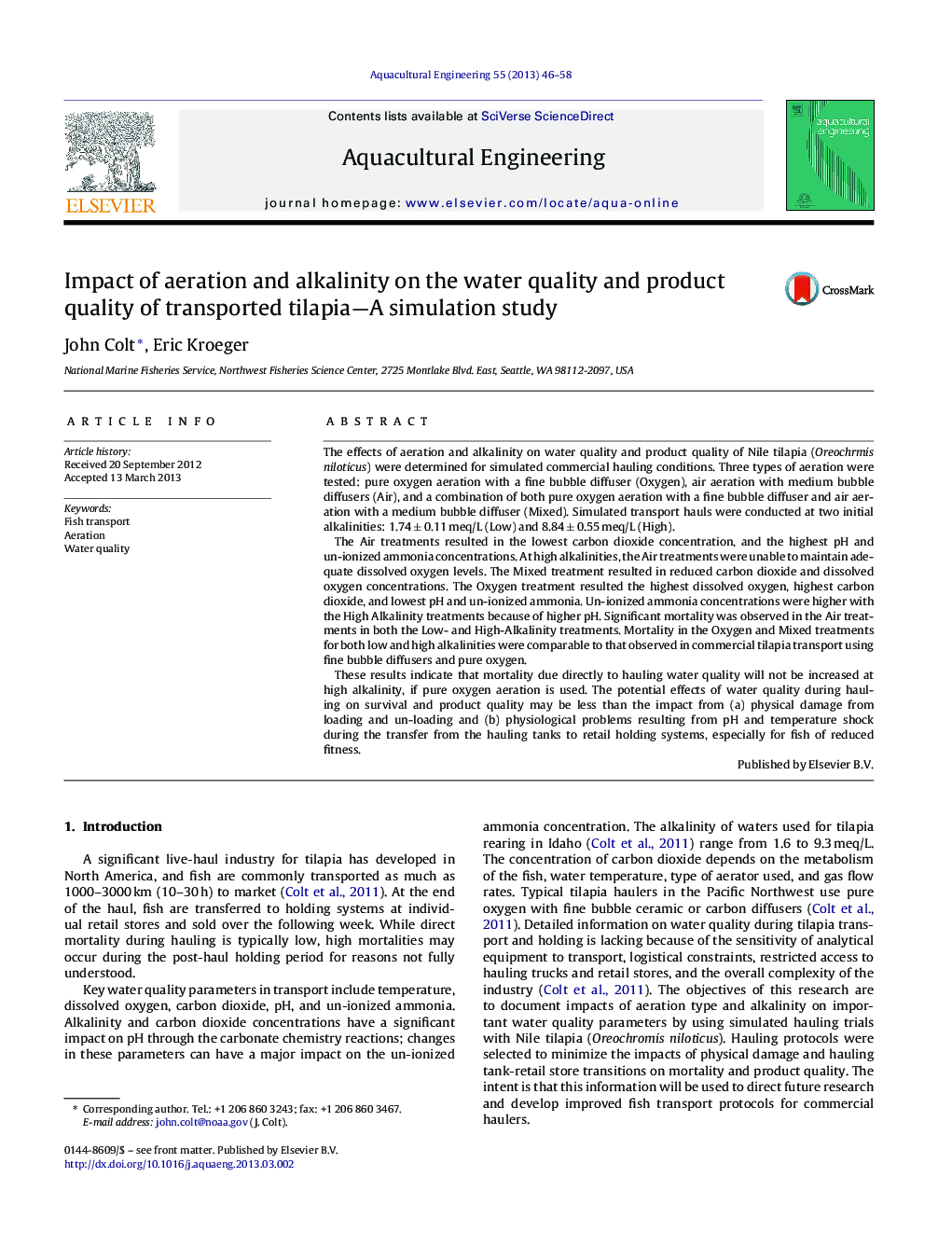 Impact of aeration and alkalinity on the water quality and product quality of transported tilapia—A simulation study