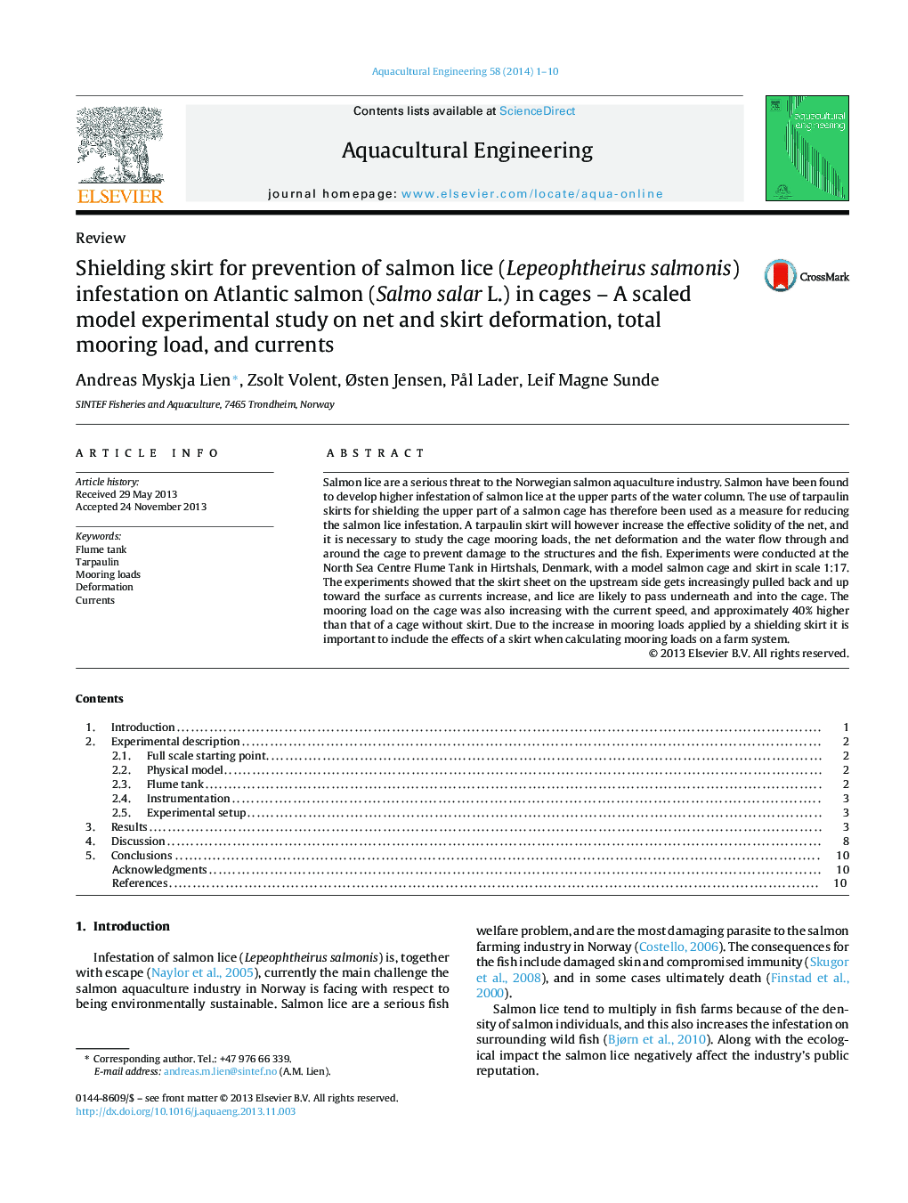 Shielding skirt for prevention of salmon lice (Lepeophtheirus salmonis) infestation on Atlantic salmon (Salmo salar L.) in cages – A scaled model experimental study on net and skirt deformation, total mooring load, and currents