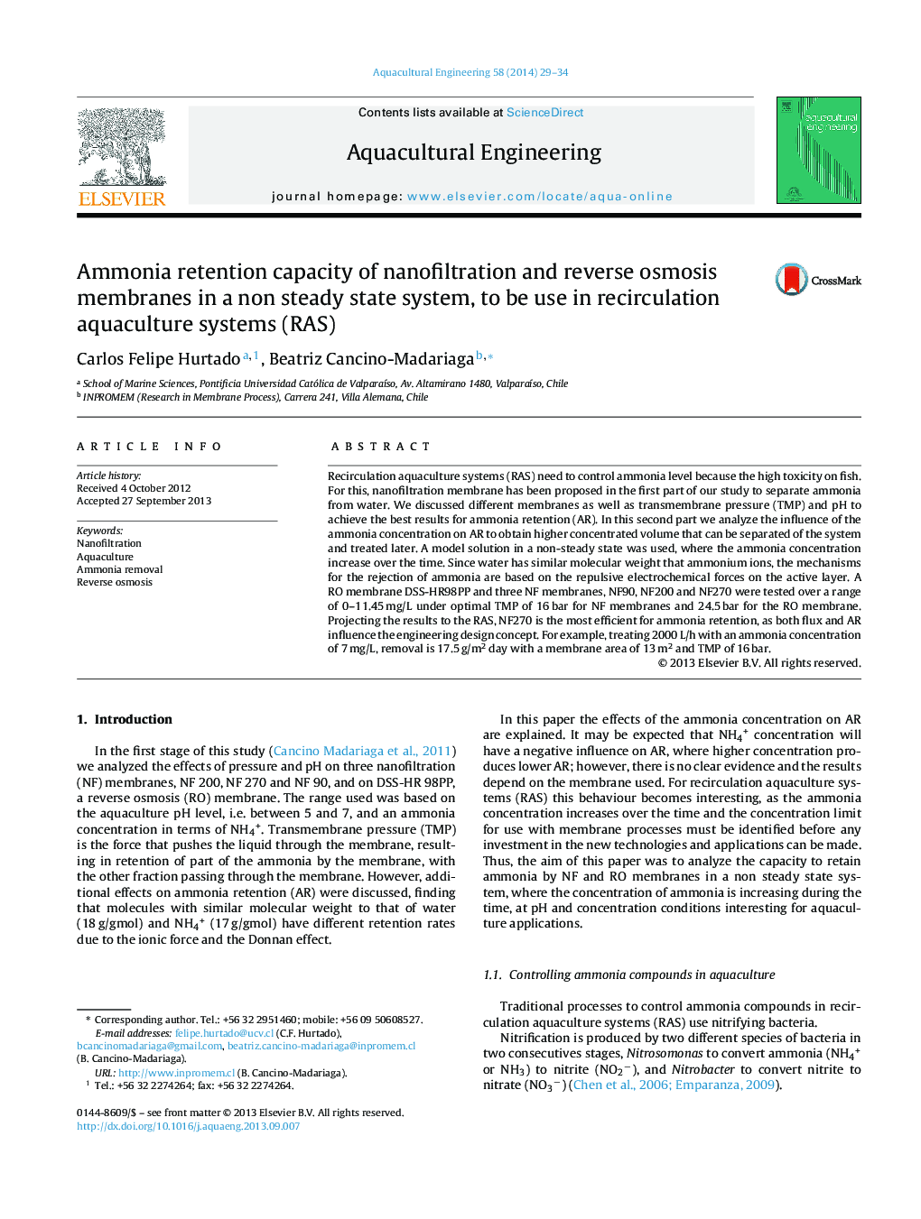 Ammonia retention capacity of nanofiltration and reverse osmosis membranes in a non steady state system, to be use in recirculation aquaculture systems (RAS)