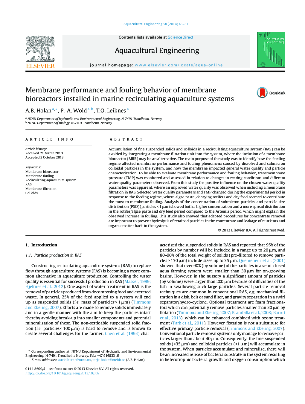 Membrane performance and fouling behavior of membrane bioreactors installed in marine recirculating aquaculture systems