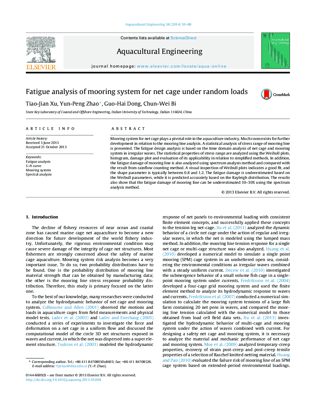 Fatigue analysis of mooring system for net cage under random loads