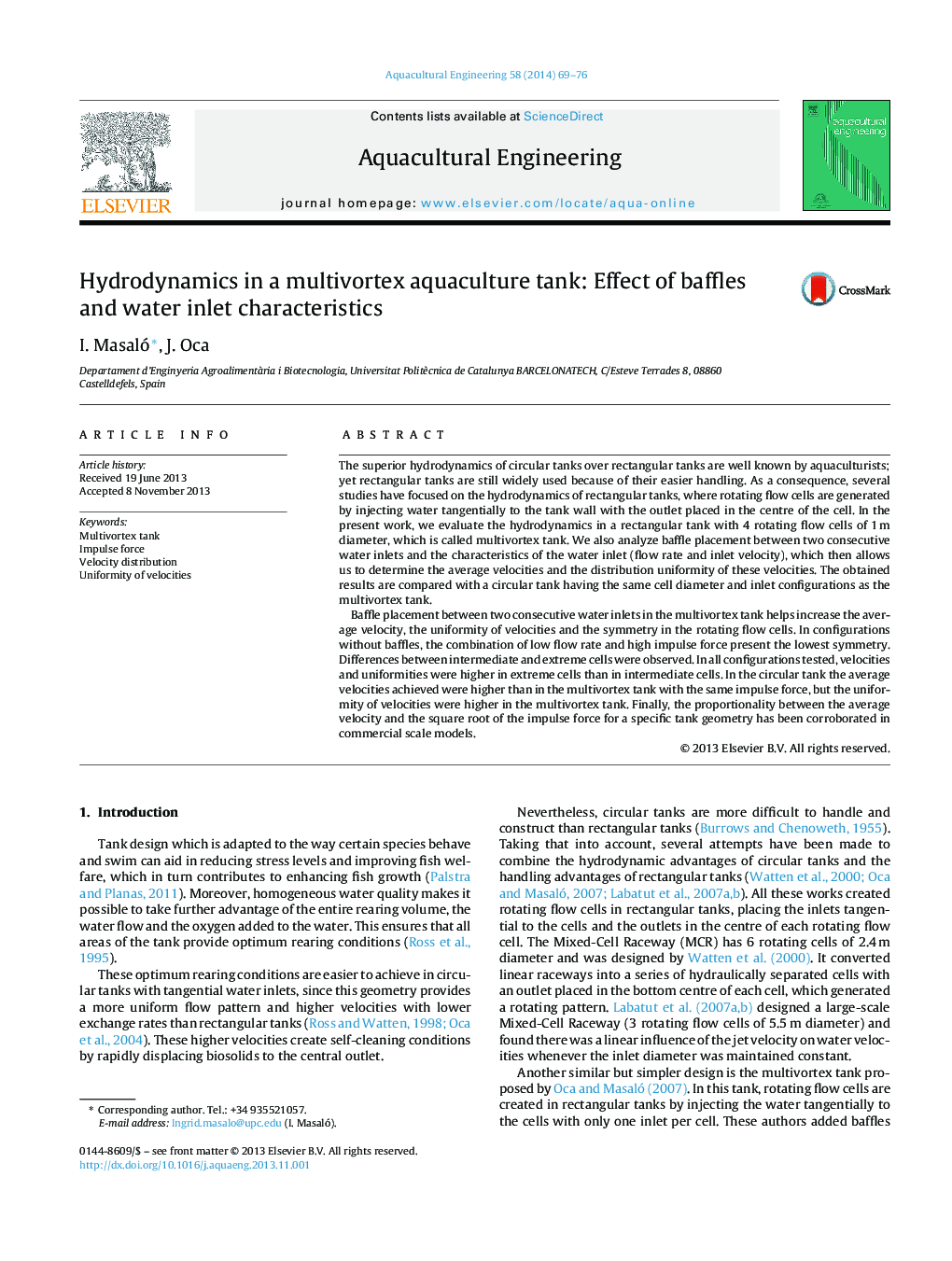 Hydrodynamics in a multivortex aquaculture tank: Effect of baffles and water inlet characteristics