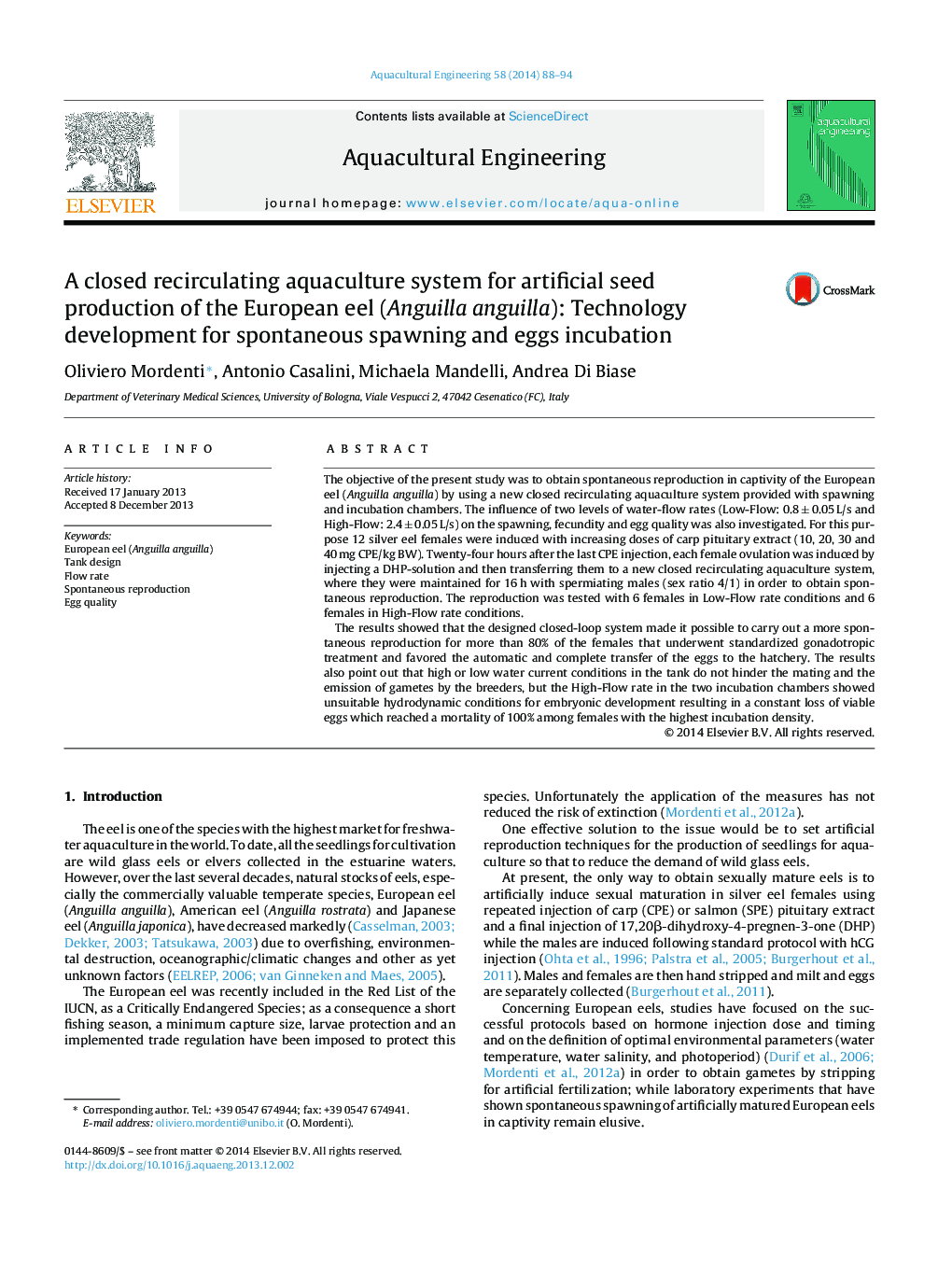 A closed recirculating aquaculture system for artificial seed production of the European eel (Anguilla anguilla): Technology development for spontaneous spawning and eggs incubation