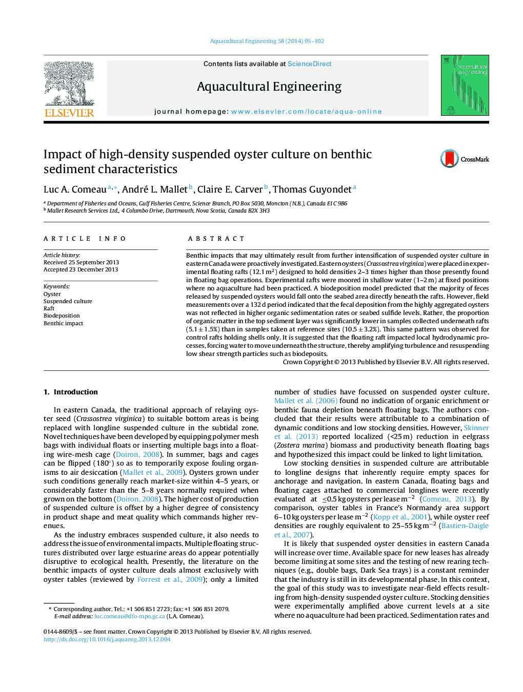 Impact of high-density suspended oyster culture on benthic sediment characteristics