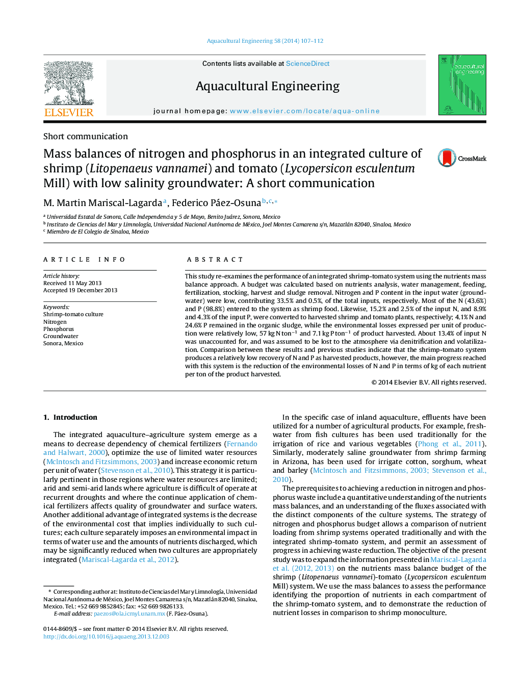 Mass balances of nitrogen and phosphorus in an integrated culture of shrimp (Litopenaeus vannamei) and tomato (Lycopersicon esculentum Mill) with low salinity groundwater: A short communication