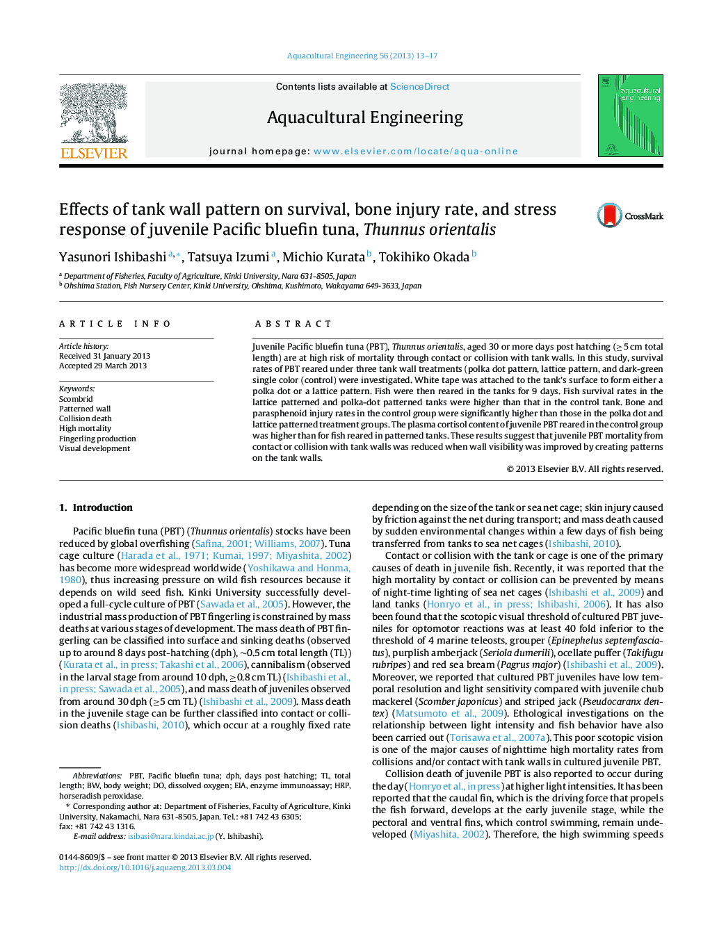 Effects of tank wall pattern on survival, bone injury rate, and stress response of juvenile Pacific bluefin tuna, Thunnus orientalis