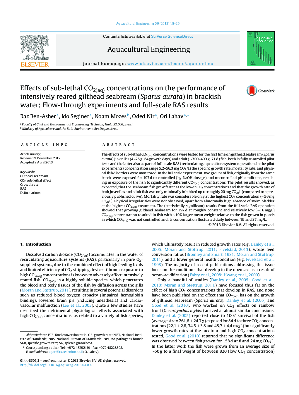 Effects of sub-lethal CO2(aq) concentrations on the performance of intensively reared gilthead seabream (Sparus aurata) in brackish water: Flow-through experiments and full-scale RAS results