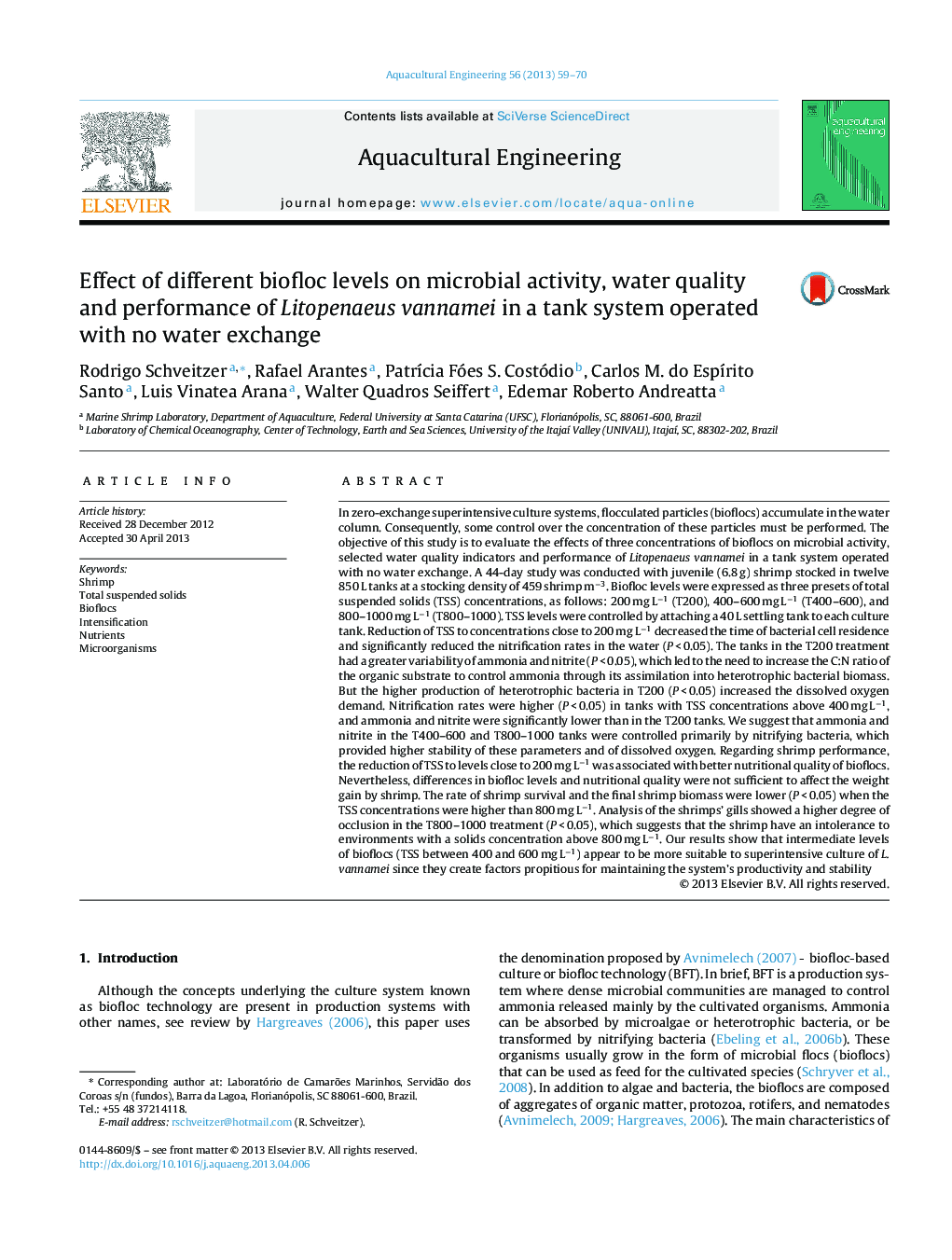 Effect of different biofloc levels on microbial activity, water quality and performance of Litopenaeus vannamei in a tank system operated with no water exchange