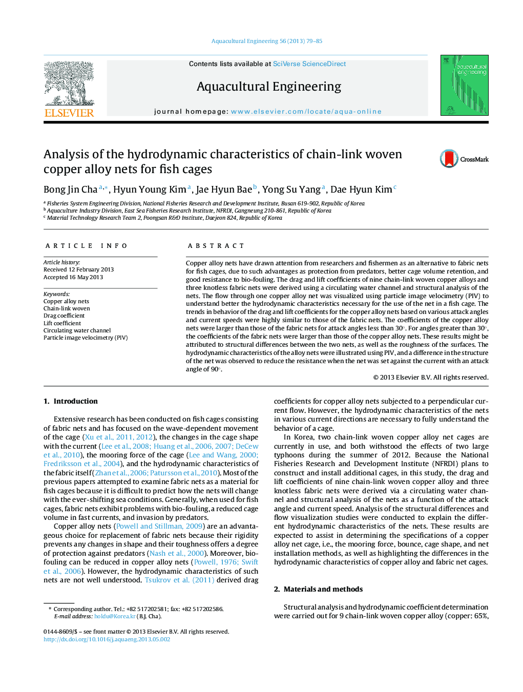 Analysis of the hydrodynamic characteristics of chain-link woven copper alloy nets for fish cages