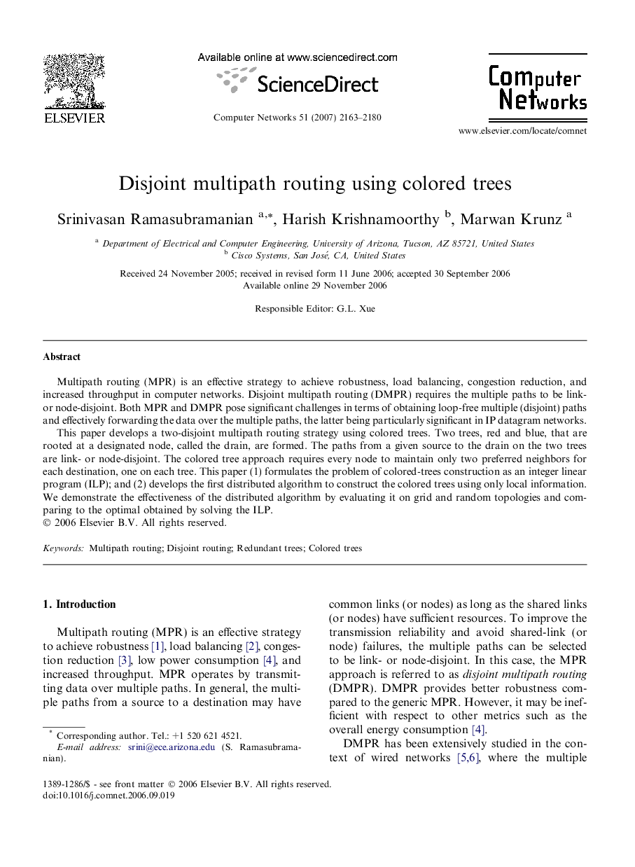 Disjoint multipath routing using colored trees