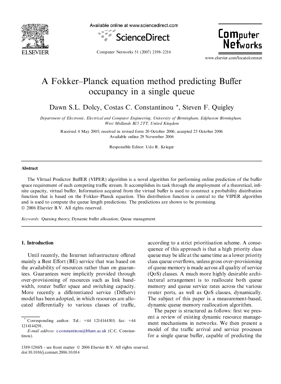 A Fokker–Planck equation method predicting Buffer occupancy in a single queue