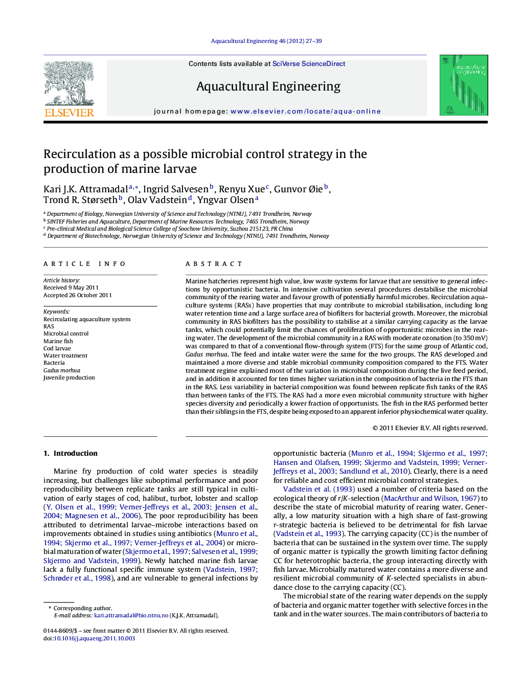 Recirculation as a possible microbial control strategy in the production of marine larvae