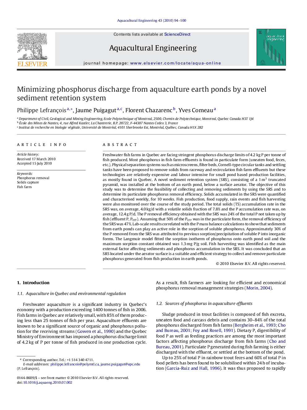 عکس صفحه اول مقاله: Minimizing phosphorus discharge from aquaculture earth ponds by a novel sediment retention system Minimizing phosphorus discharge from aquaculture earth ponds by a novel sediment retention system