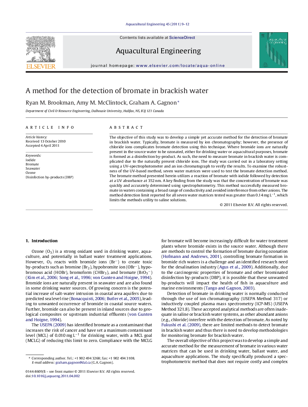 A method for the detection of bromate in brackish water