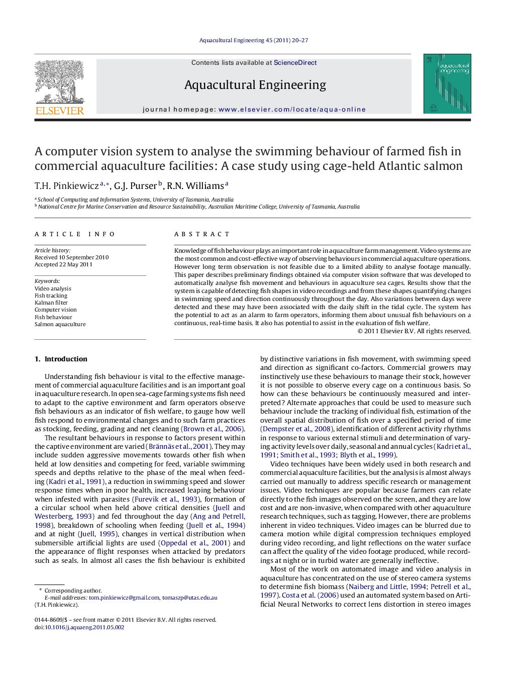 A computer vision system to analyse the swimming behaviour of farmed fish in commercial aquaculture facilities: A case study using cage-held Atlantic salmon