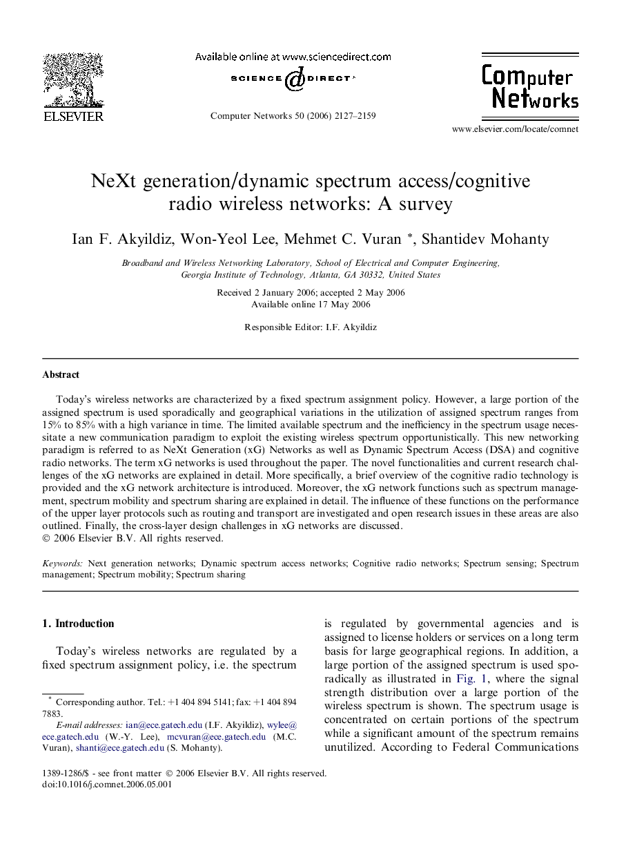 NeXt generation/dynamic spectrum access/cognitive radio wireless networks: A survey