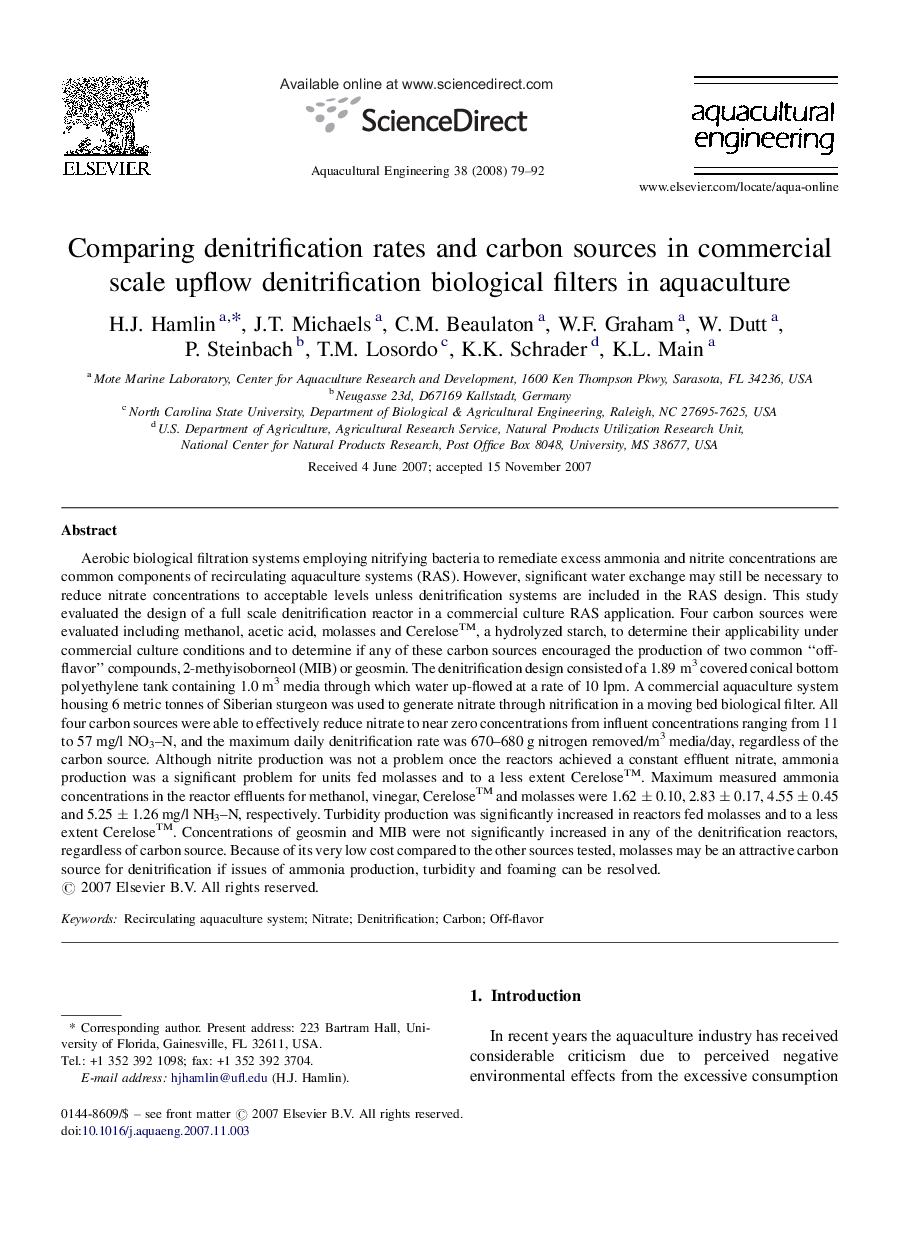 Comparing denitrification rates and carbon sources in commercial scale upflow denitrification biological filters in aquaculture