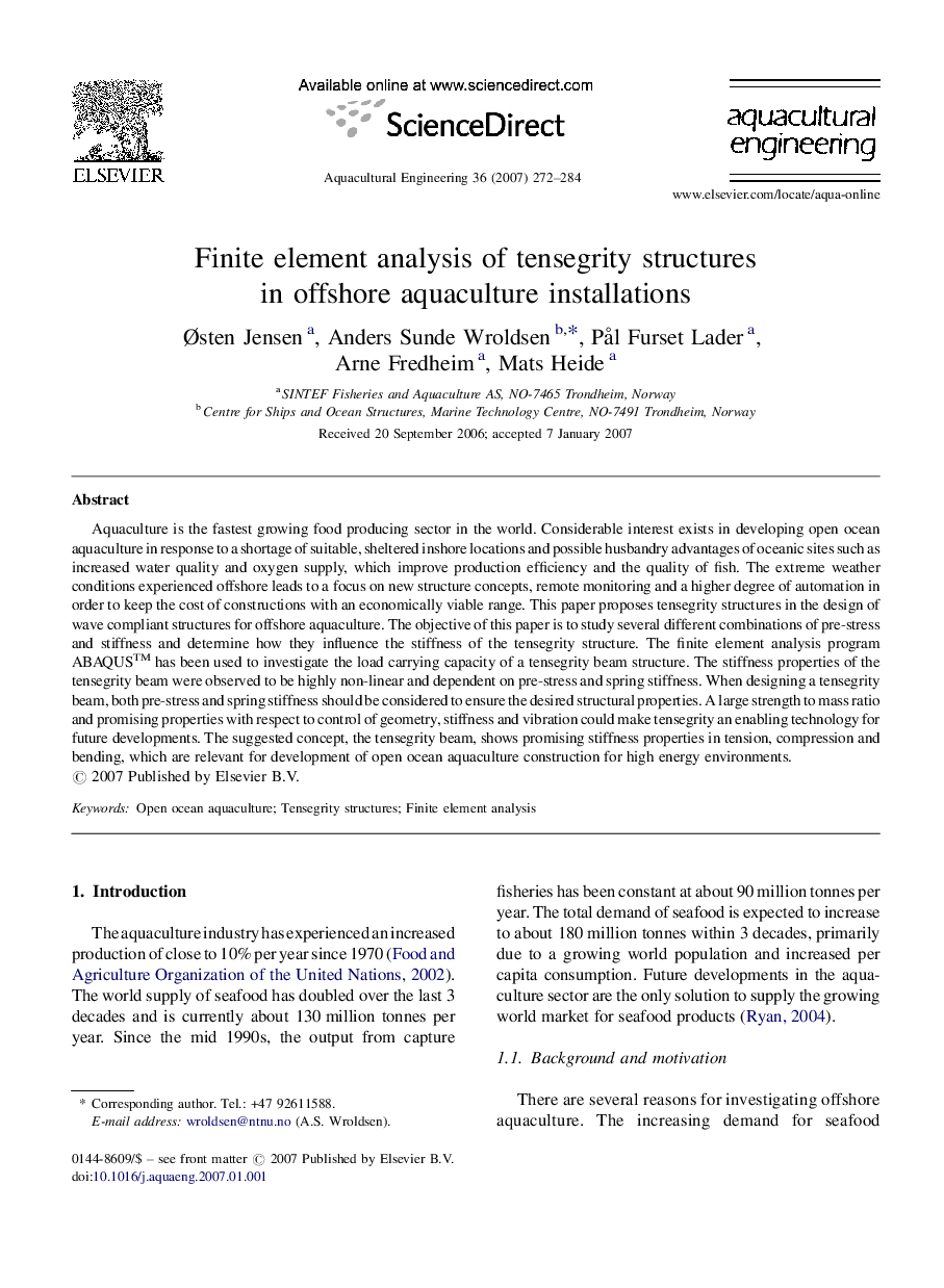 Finite element analysis of tensegrity structures in offshore aquaculture installations