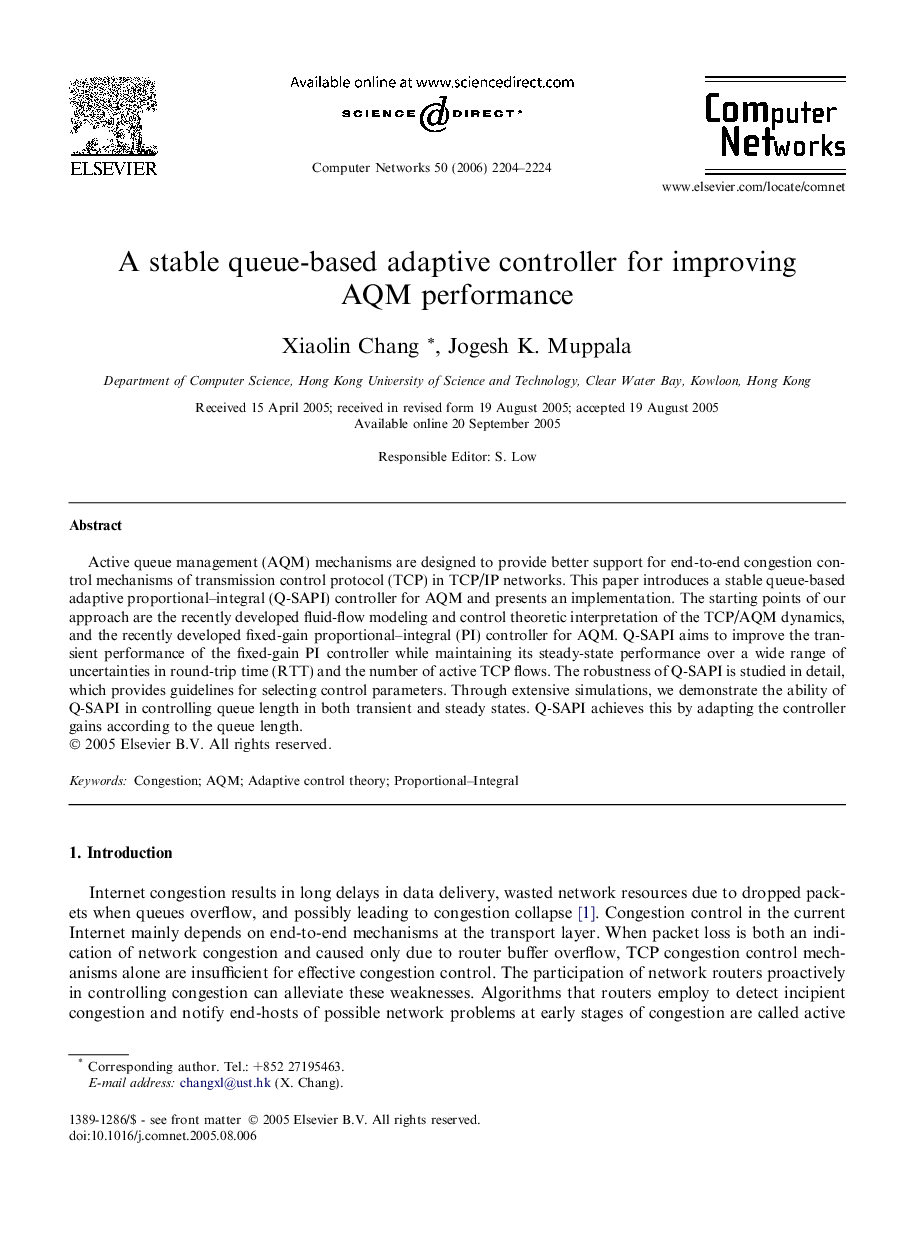 A stable queue-based adaptive controller for improving AQM performance