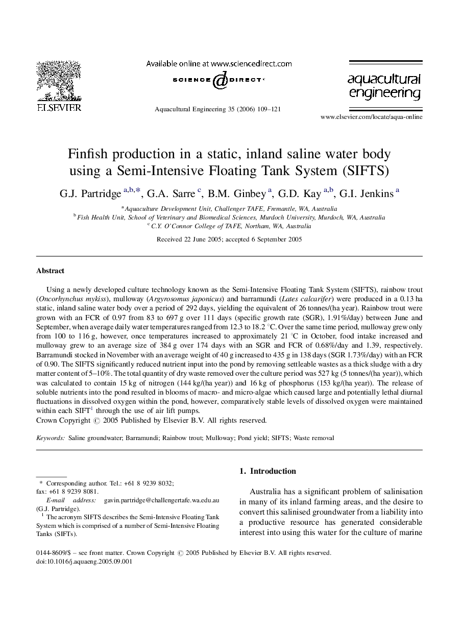 Finfish production in a static, inland saline water body using a Semi-Intensive Floating Tank System (SIFTS)