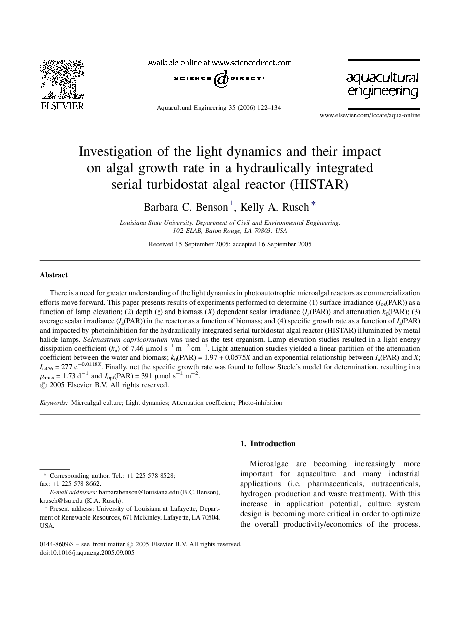 Investigation of the light dynamics and their impact on algal growth rate in a hydraulically integrated serial turbidostat algal reactor (HISTAR)