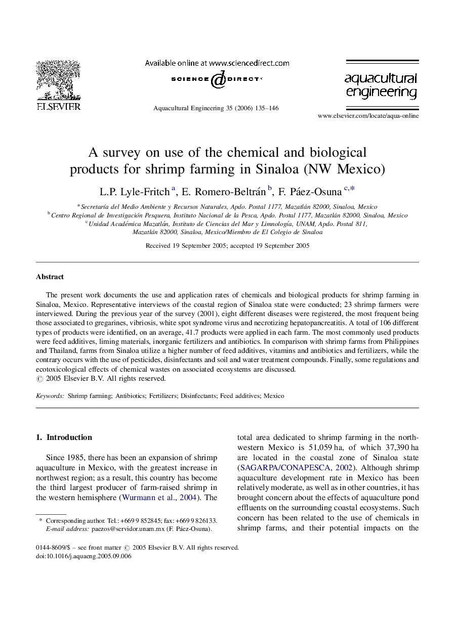 A survey on use of the chemical and biological products for shrimp farming in Sinaloa (NW Mexico)