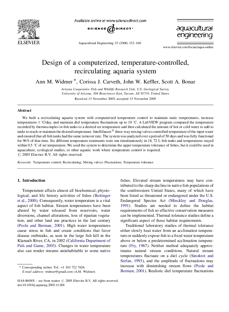 Design of a computerized, temperature-controlled, recirculating aquaria system