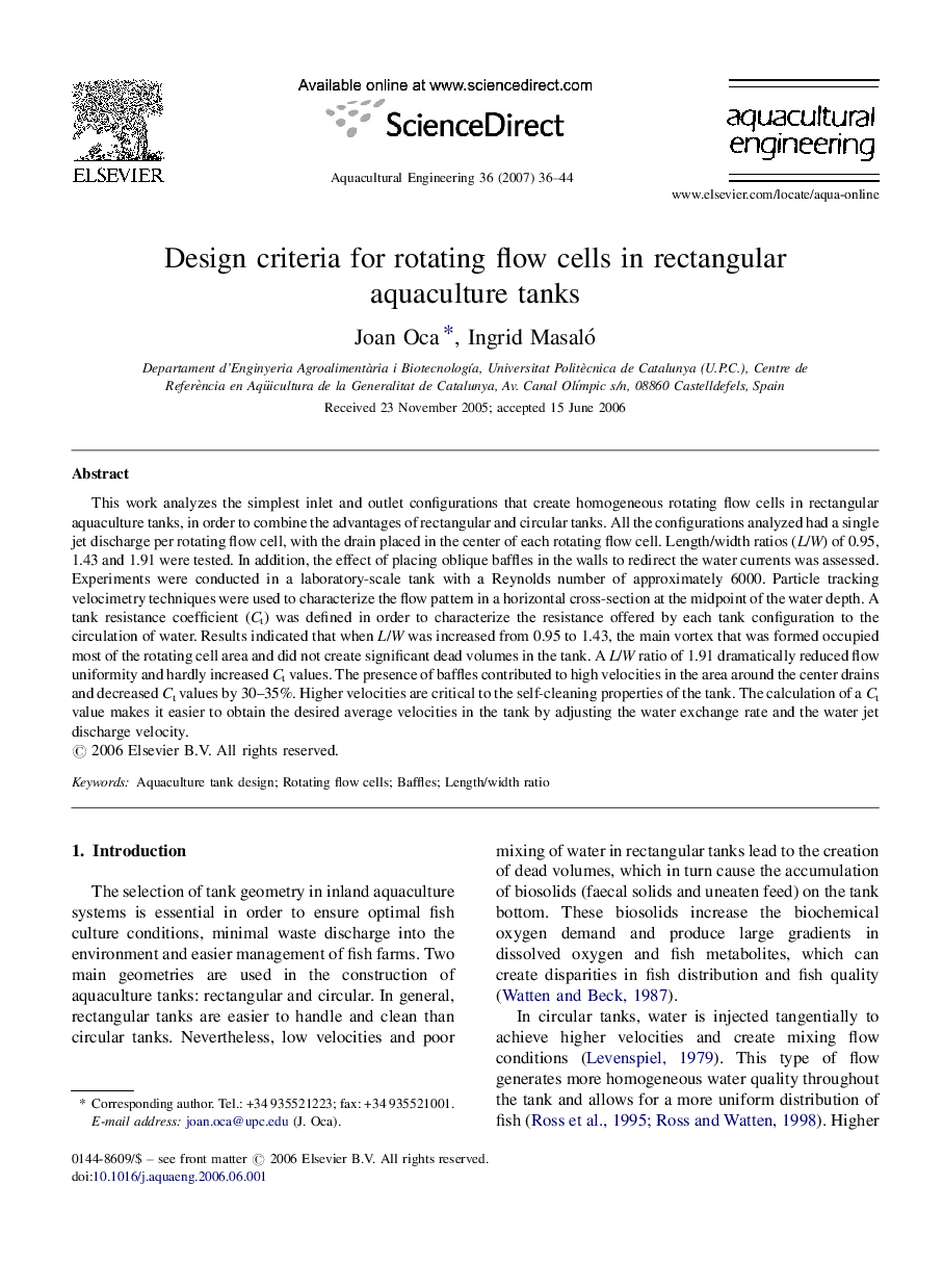 Design criteria for rotating flow cells in rectangular aquaculture tanks