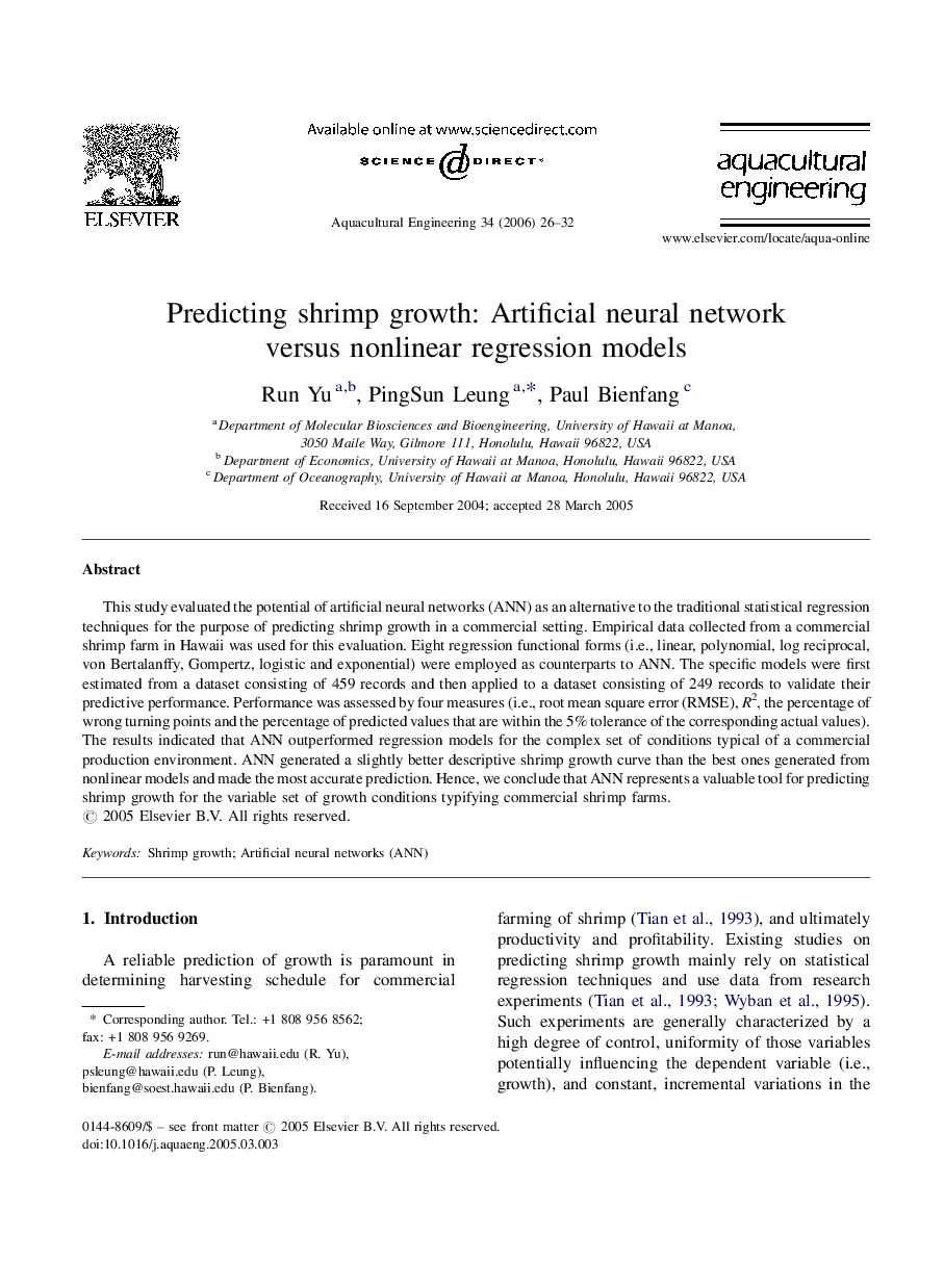 Predicting shrimp growth: Artificial neural network versus nonlinear regression models