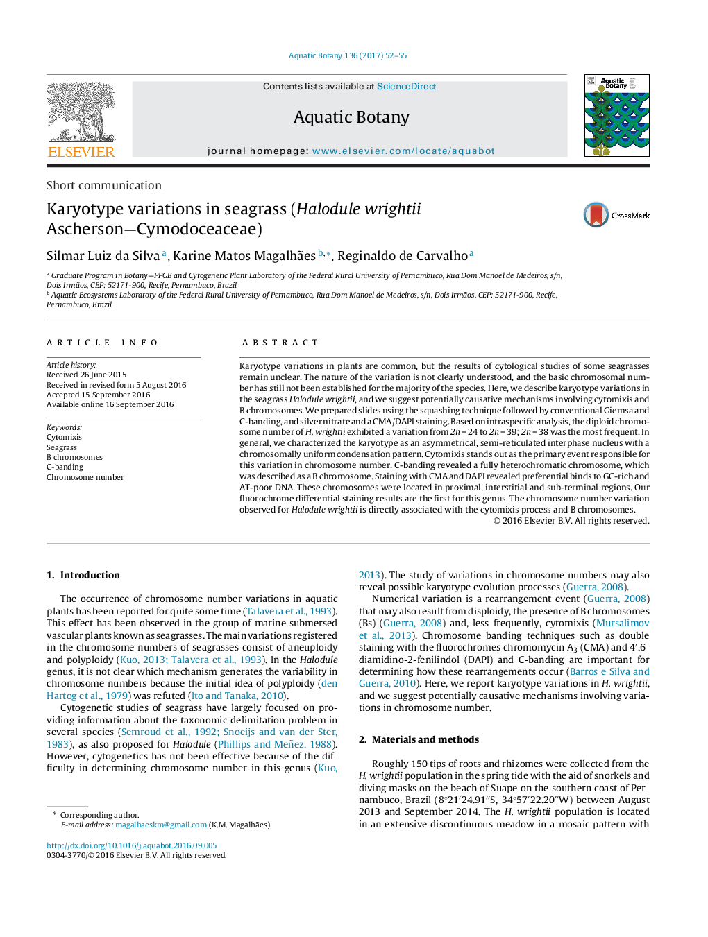 Karyotype variations in seagrass (Halodule wrightii Ascherson—Cymodoceaceae)