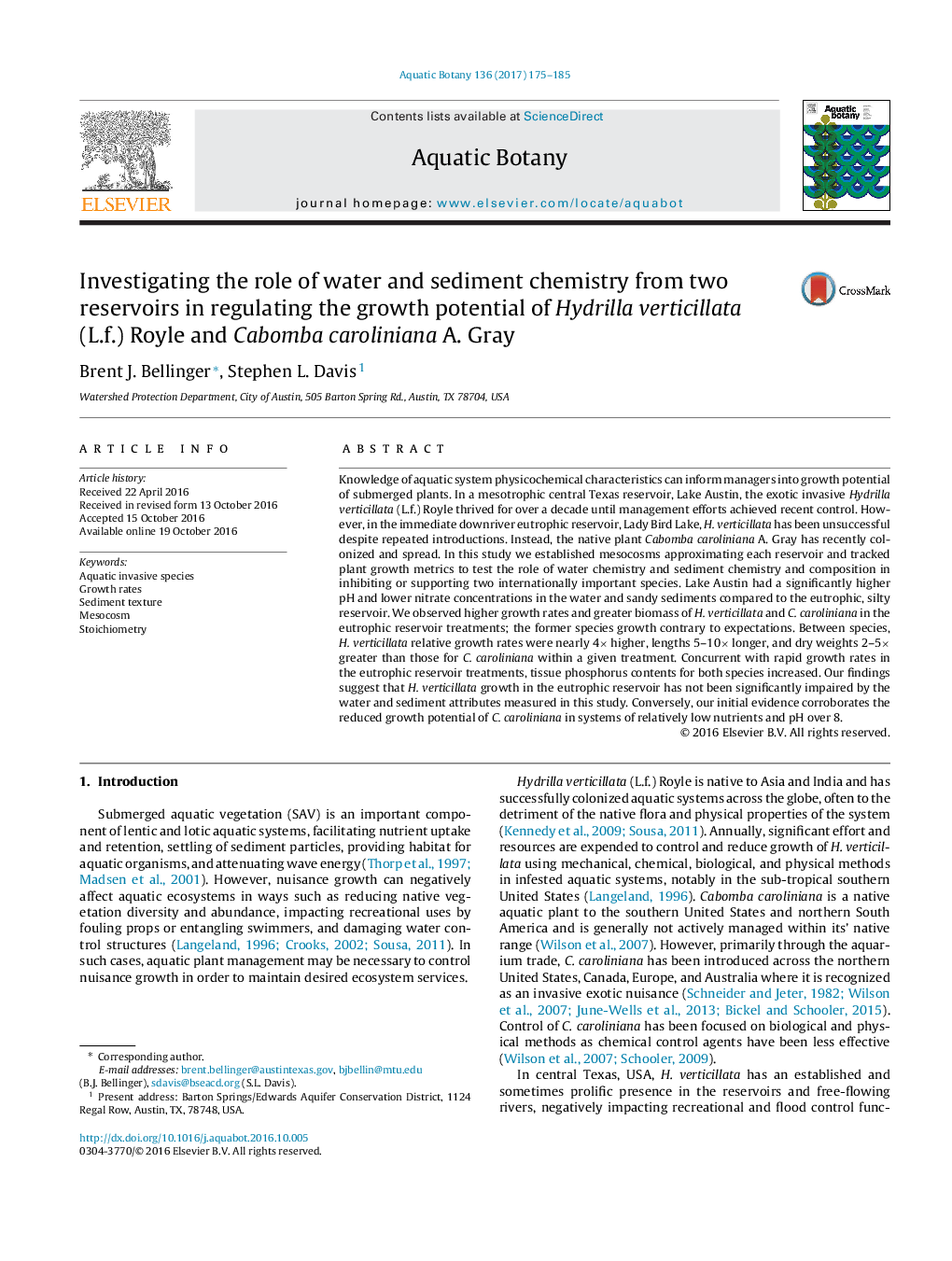 Investigating the role of water and sediment chemistry from two reservoirs in regulating the growth potential of Hydrilla verticillata (L.f.) Royle and Cabomba caroliniana A. Gray