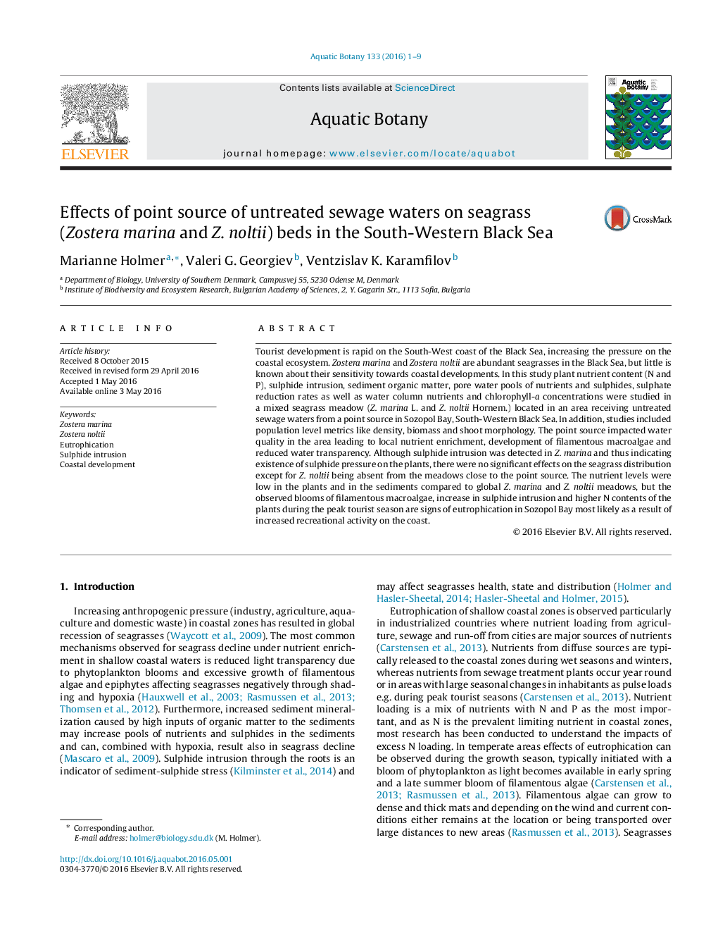 Effects of point source of untreated sewage waters on seagrass (Zostera marina and Z. noltii) beds in the South-Western Black Sea