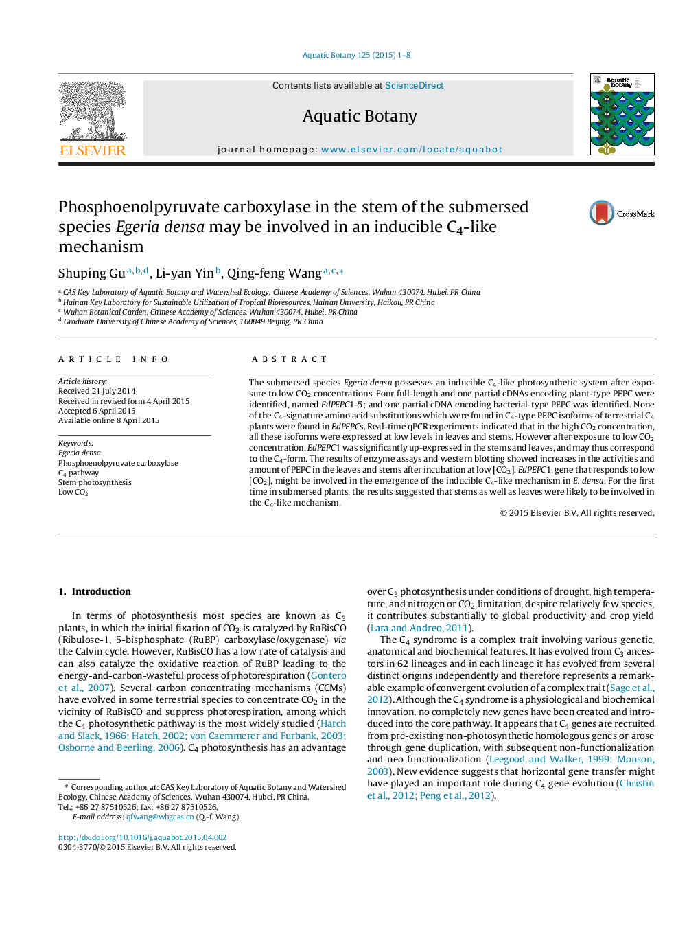 Phosphoenolpyruvate carboxylase in the stem of the submersed species Egeria densa may be involved in an inducible C4-like mechanism