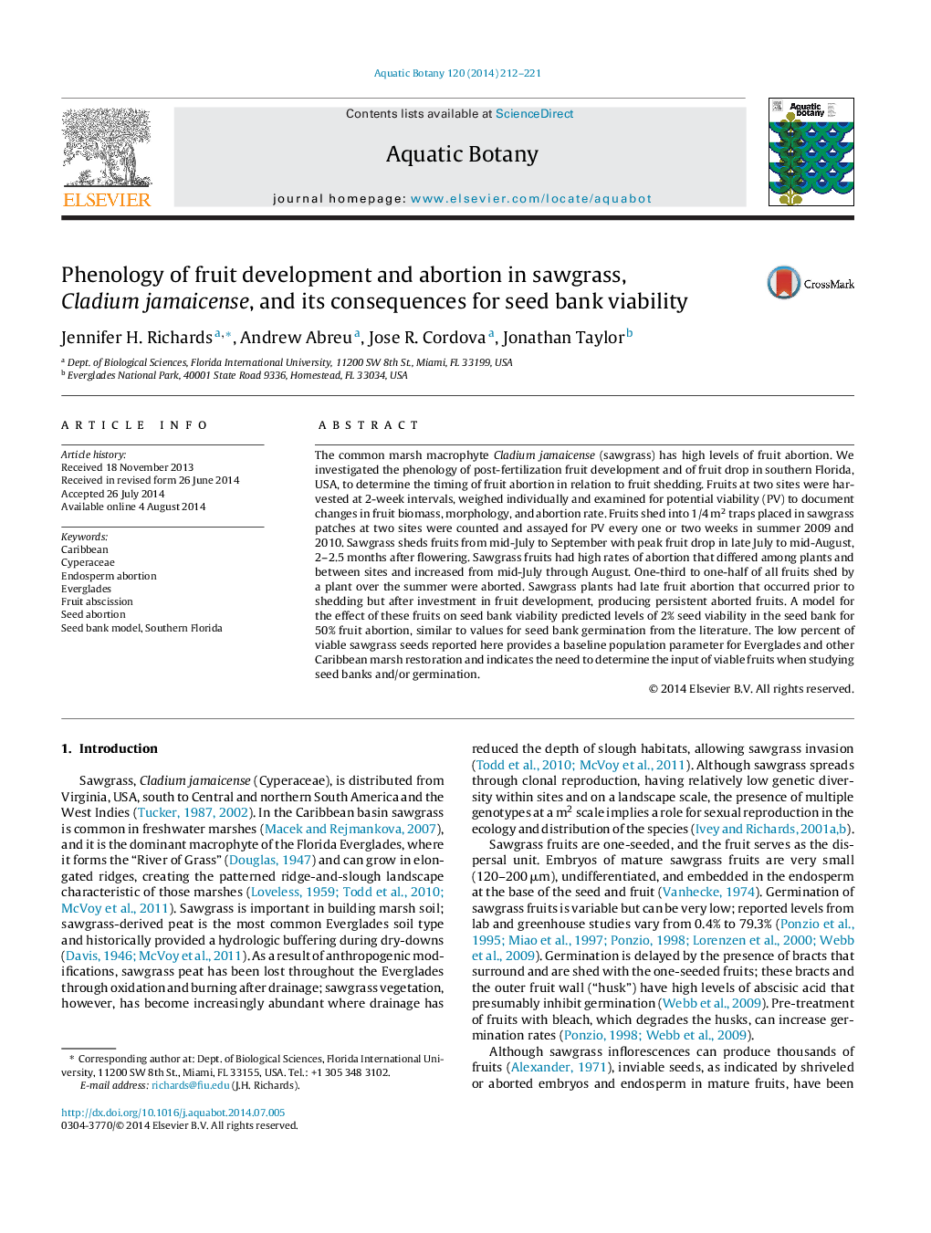 Phenology of fruit development and abortion in sawgrass, Cladium jamaicense, and its consequences for seed bank viability