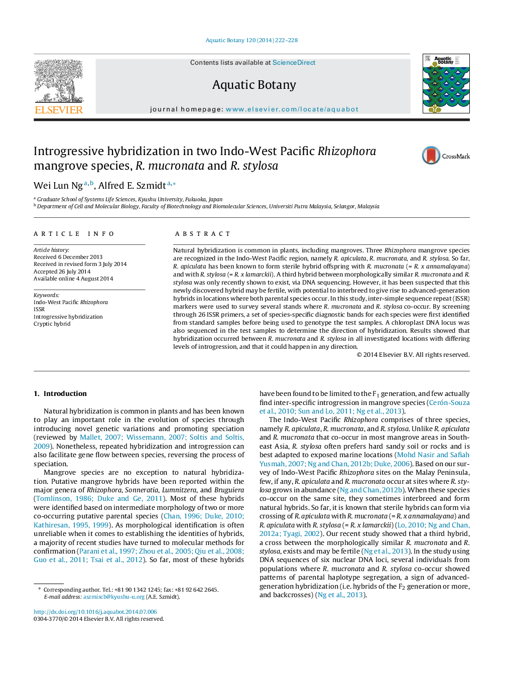 Introgressive hybridization in two Indo-West Pacific Rhizophora mangrove species, R. mucronata and R. stylosa