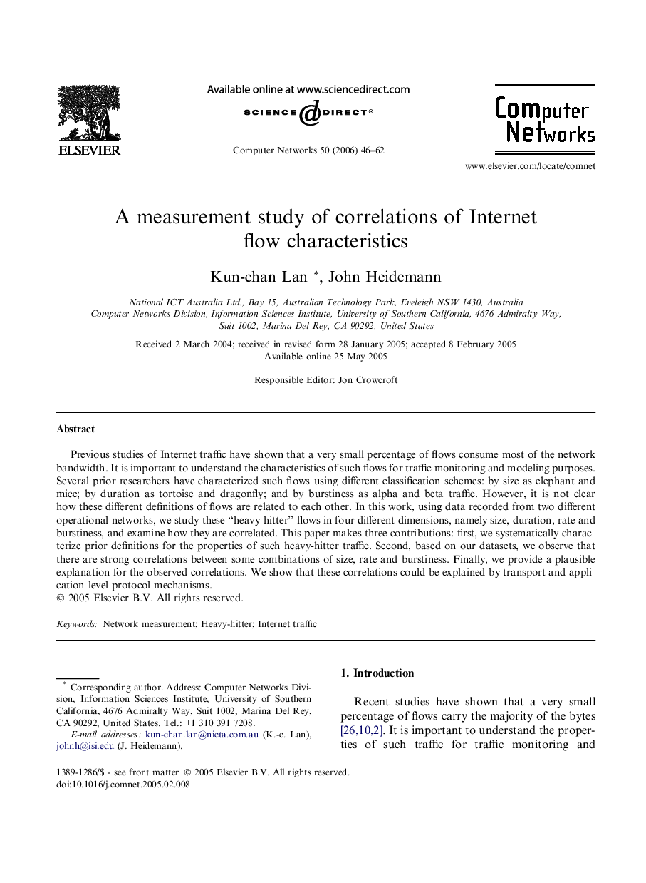 A measurement study of correlations of Internet flow characteristics