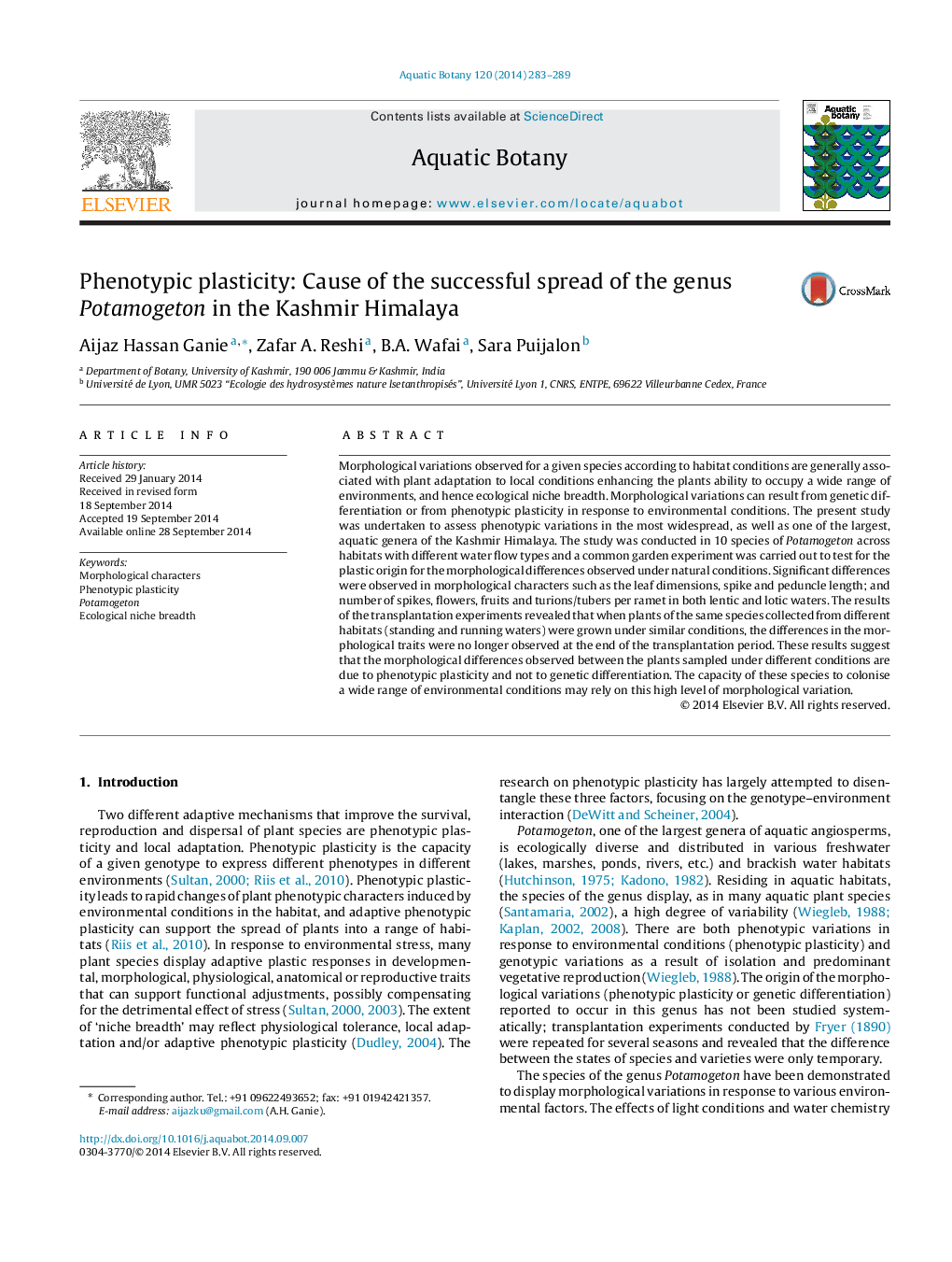 Phenotypic plasticity: Cause of the successful spread of the genus Potamogeton in the Kashmir Himalaya