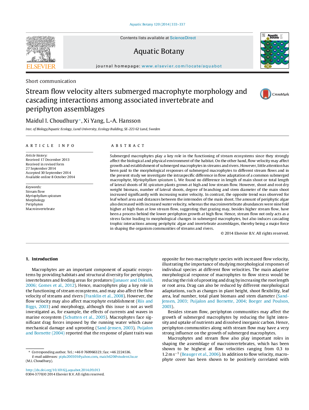 Stream flow velocity alters submerged macrophyte morphology and cascading interactions among associated invertebrate and periphyton assemblages