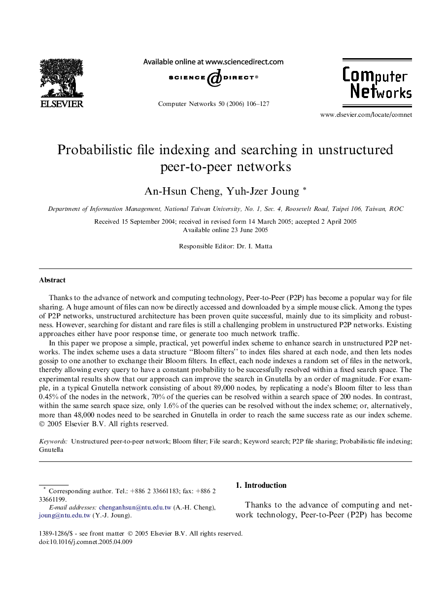 Probabilistic file indexing and searching in unstructured peer-to-peer networks