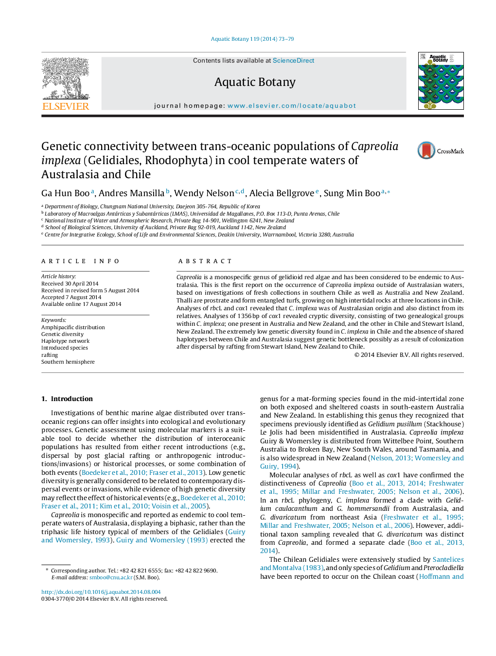 Genetic connectivity between trans-oceanic populations of Capreolia implexa (Gelidiales, Rhodophyta) in cool temperate waters of Australasia and Chile