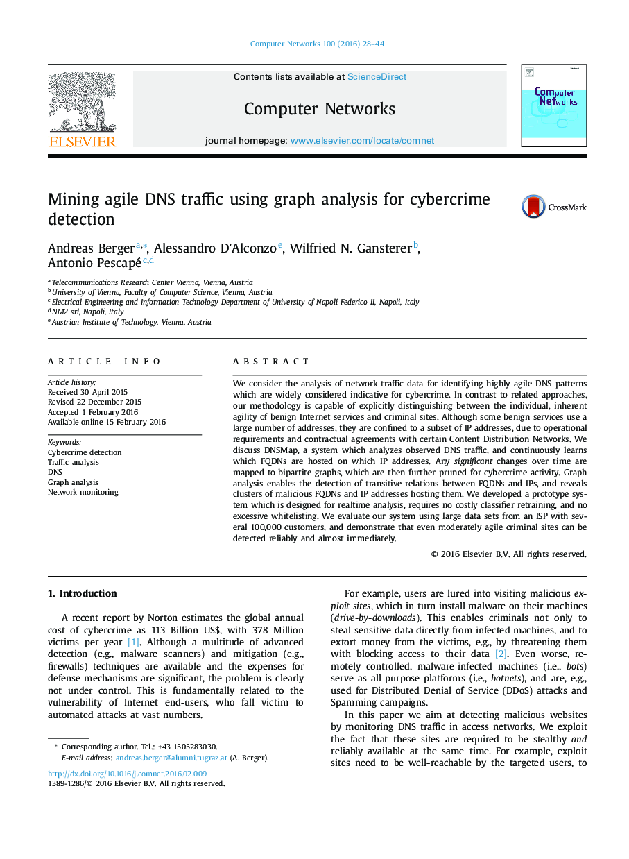 Mining agile DNS traffic using graph analysis for cybercrime detection