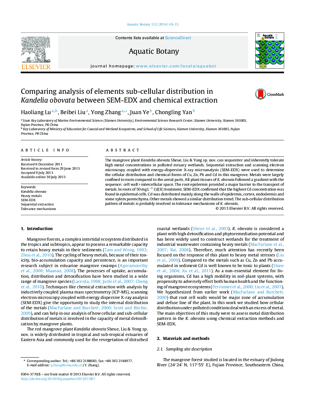 Comparing analysis of elements sub-cellular distribution in Kandelia obovata between SEM-EDX and chemical extraction