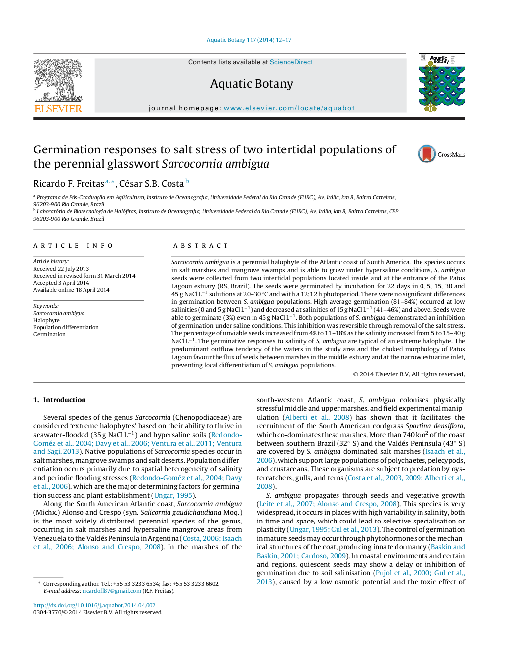 Germination responses to salt stress of two intertidal populations of the perennial glasswort Sarcocornia ambigua